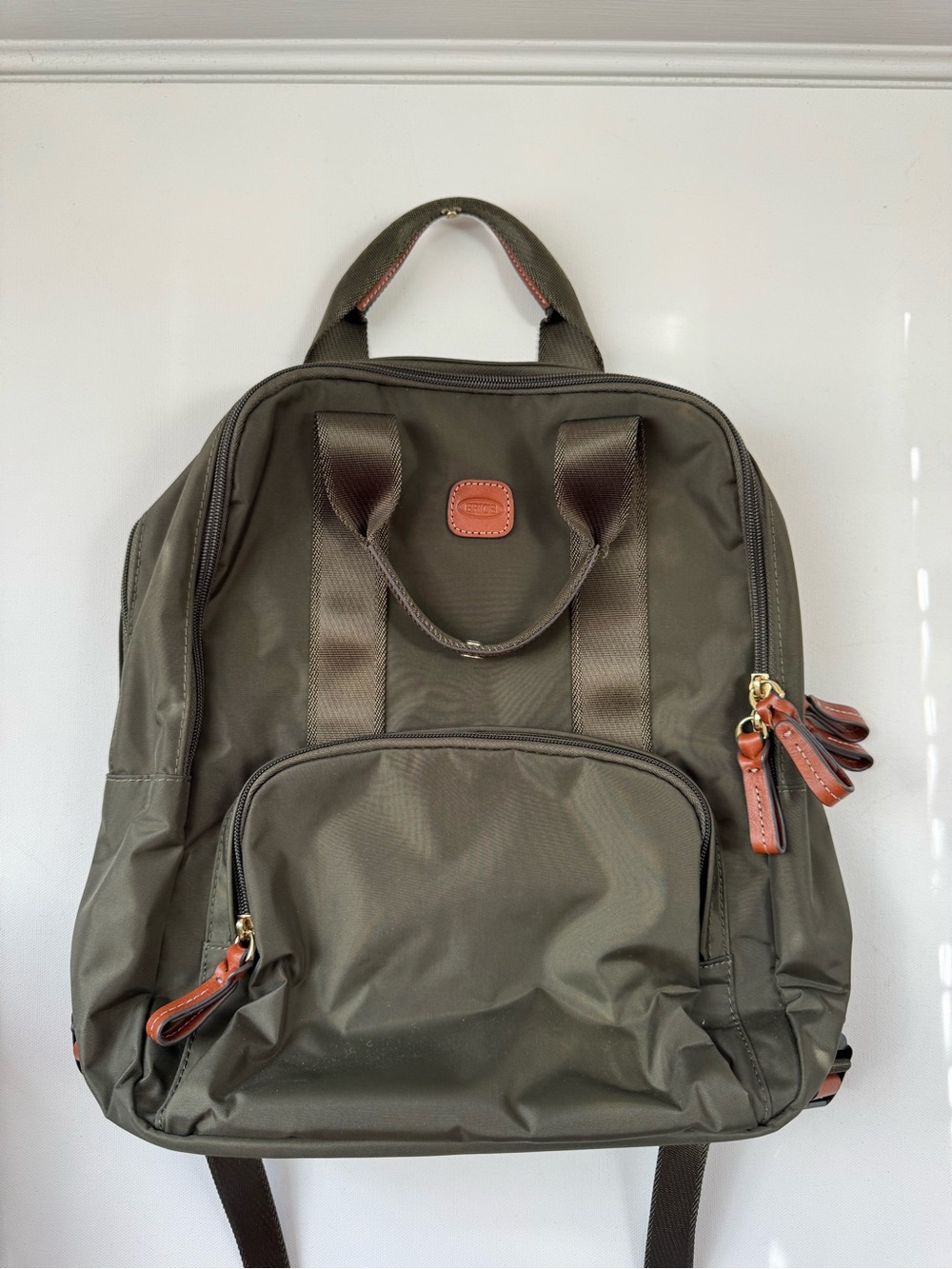 BRIC’S X-Bag Olive Nylon Backpack Italian Travel Bag Leather Trim $155